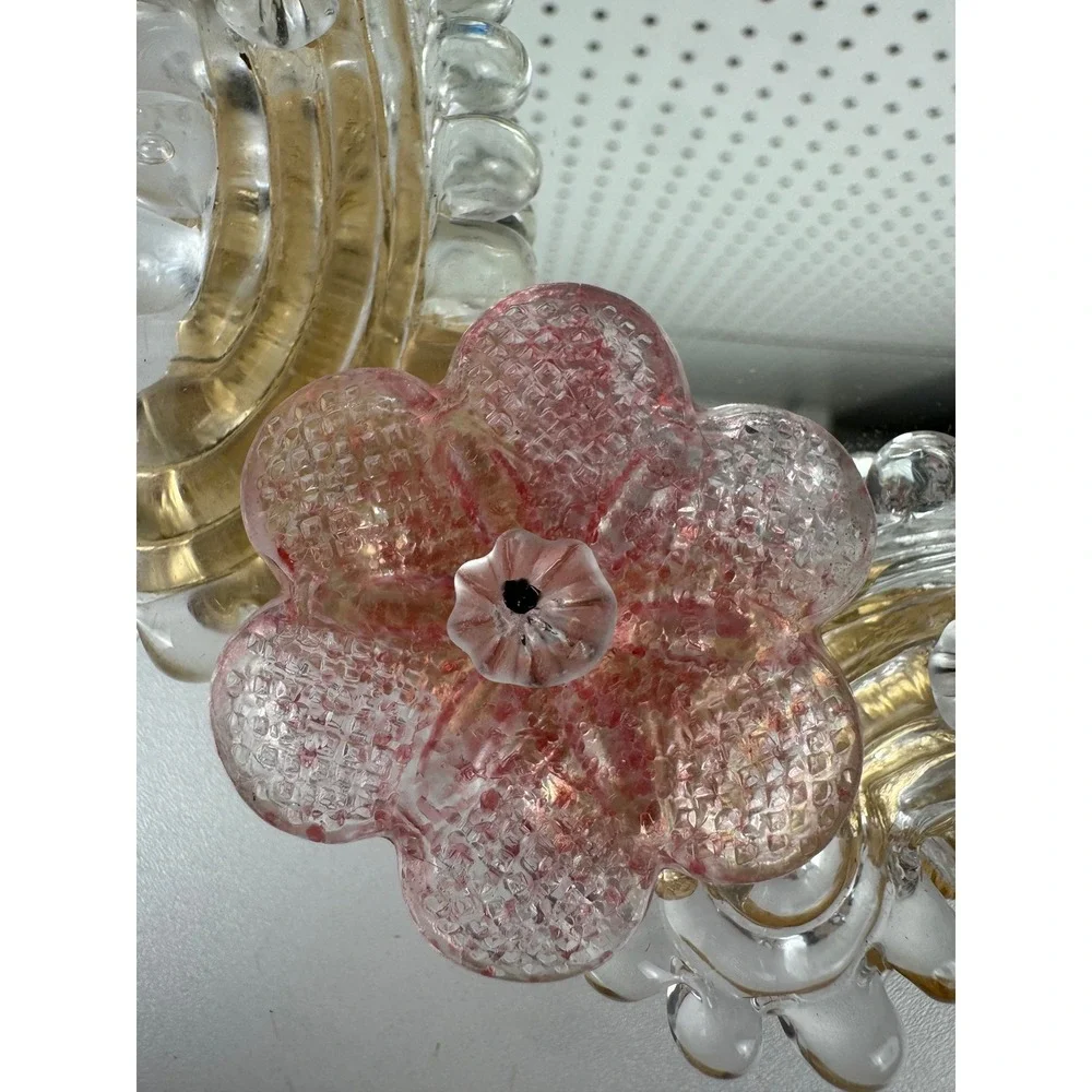 Vtg Murano Glass Vanity Mirror Pink Flowers Coquette Venetian Tabletop Wall